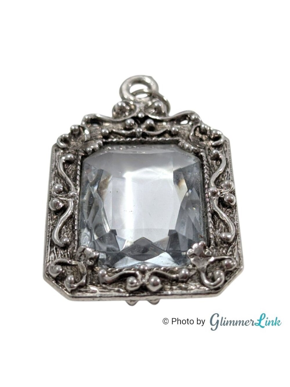 Vintage Silver Tone Clear Faceted Glass Ornate Scrollwork Pendant